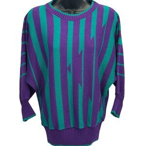 Vintage 80s Neiman Marcus Sweater Purple Green Striped Made In USA Womens Size 6